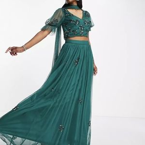 Maya Green Sequin Tulle Two Piece Gown Lehenga Dress with FREE scarf!